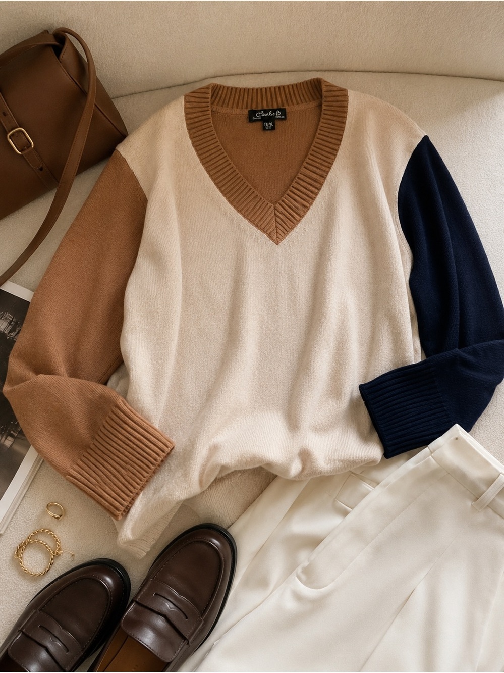 NWOT Charlie B Quiet Luxury Colorblock Sweater XL Soft Minimalist Knit - Picture 2 of 8